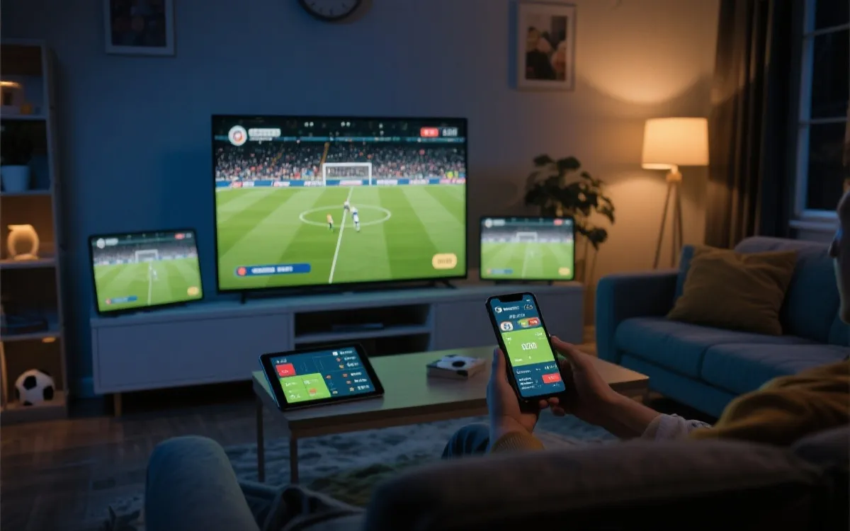 多屏观赛场景：电视、手机与平板同步播放比赛与数据