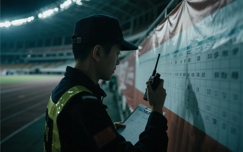 夜间体育场通道内的横幅巡检与点位编号示意