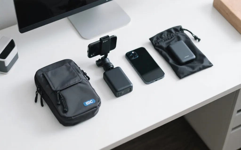 内容创作者的观赛EDC平铺：小包、手机云台、移动电源、备用手机与线材收纳，干净有序