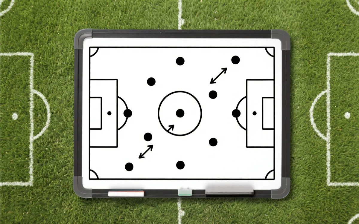 战术板示意：高位压迫与肋部渗透的空间对比